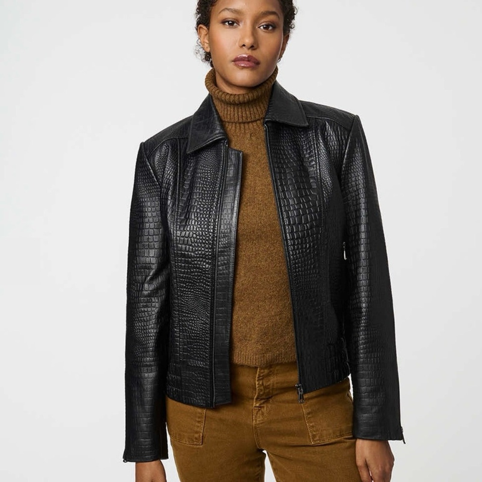 New Bernardo Rowan Crocodile Print 100% Leather Bomber Black, Women's Small $375